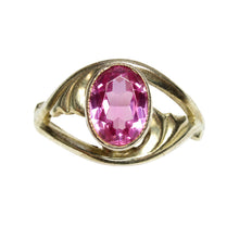 Load image into Gallery viewer, Vintage 875 silver gilt ring with an oval pink amethyst in a bezel setting and open swirl shoulders on white.