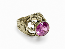 Load image into Gallery viewer, Vintage 875 silver ring with a round pink amethyst, arched openwork, bead clusters and engraved leaf shoulders on white.