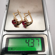 Load image into Gallery viewer, Vintage Soviet 14K Rose Gold Ruby Earrings 583 Hallmark Flower Design USSR Star