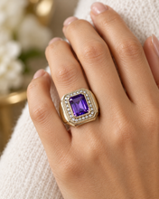 Load image into Gallery viewer, Vintage USSR 875 Silver Amethyst Signet Ring – Art Deco-Inspired Emerald Cut Halo, Size 7.75