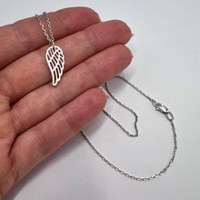 Load image into Gallery viewer, Sterling silver angel wing pendant necklace for women, featuring an elegant chain design and intricate feather details.