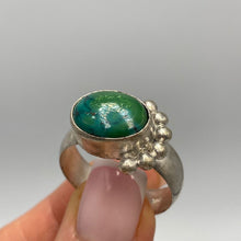 Load image into Gallery viewer, Antique Russian silver ring with natural turquoise cabochon and intricate design, size 13.5, by Fezba Market.