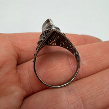 Load image into Gallery viewer, Vintage 925 sterling silver filigree marquise statement ring for women, size 7.25, featuring intricate metalwork design.