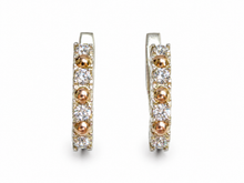 Load image into Gallery viewer, vintage 925 silver 9k gold CZ earrings, sterling silver gold accent huggie earrings 7.32g, Contemporary 925 silver CZ hoop earrings, silver and gold cubic zirconia earrings, vintage mixed metal huggie earrings