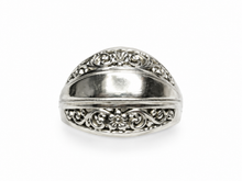Load image into Gallery viewer, vintage 925 silver wide band ring, sterling silver floral openwork ring size 7.75, Retro 925 silver decorative band, silver scroll floral ring, vintage sterling silver wide band women’s ring