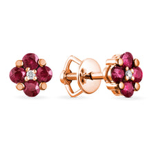 Load image into Gallery viewer, Vintage 14K Red Gold Ruby and Diamond Floral Stud Earrings with Natural Gemstones 1.56g