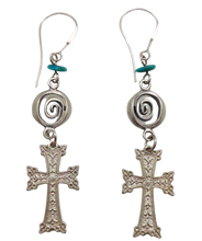 Load image into Gallery viewer, Vintage 875 Sterling Silver Turquoise Cross Dangle Earrings, Handmade Boho Drop Earrings