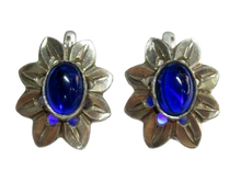 Load image into Gallery viewer, Vintage Russian Soviet 925 Sterling Silver Leaf Earrings with Blue Spinel Cabochons