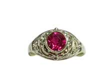 Load image into Gallery viewer, Vintage Soviet 875 Sterling Silver Filigree Ring with Round Faceted Ruby Size 8.5