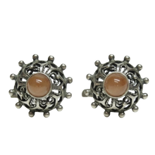 Load image into Gallery viewer, Vintage Soviet 925 Sterling Silver Chalcedony Filigree Leverback Earrings with Round Cabochons