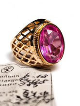 Load image into Gallery viewer, Vintage USSR 14K 583 Gold Ring with Large Oval Synthetic Ruby and Geometric Lattice Design Size 7.75
