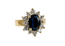 Load image into Gallery viewer, Vintage USSR 14K 583 Red Gold Ring with 1ct Blue Sapphire and 0.3ct Diamond Halo Size 7.25