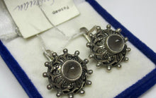 Load image into Gallery viewer, Vintage Russian Soviet sterling silver earrings with obsidian stones, women's jewelry, detailed silver craftsmanship.