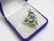 Load image into Gallery viewer, Vintage Russian Soviet sterling silver 925 ring with turquoise, women's jewelry, size 7.25 US, featuring intricate silver detailing.