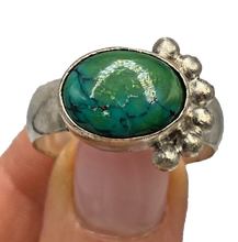 Load image into Gallery viewer, Antique Russian 84 silver ring with natural turquoise cabochon, size 13.5, featuring intricate silver detailing and a bold statement design.

