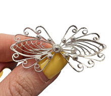 Load image into Gallery viewer, Close-up of Vintage 960 Silver Filigree Butterfly Brooch with Intricate Wirework

