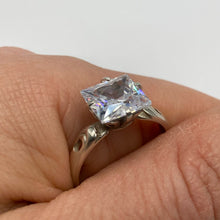 Load image into Gallery viewer, Vintage silver square cut cubic zirconia statement ring in size 8, featuring a 925 sterling silver band and bold design.
