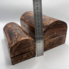 Load image into Gallery viewer, Vintage carved wood treasure chest jewelry box set with rustic inlay detailing, showcasing storage compartments and ornate craftsmanship.
