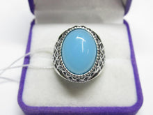 Load image into Gallery viewer, Vintage 925 Sterling Silver Blue Agate Statement Ring – Oval Cabochon &amp; Geometric Latticework, Size 9.5
