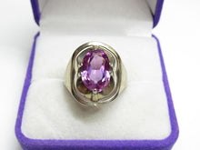 Load image into Gallery viewer, Close-up of Vivid Purple Oval Faceted Amethyst on Vintage 875 Silver Gilded Ring

