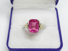 Load image into Gallery viewer, Close-up of Vivid Pink Emerald-Cut Tourmaline on Vintage 875 Silver Gilded Ring
