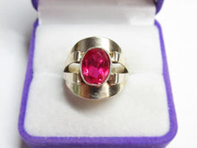 Load image into Gallery viewer, Close-up of Bright Pink Oval Ruby on Vintage Russian 875 Silver Wide Band Ring
