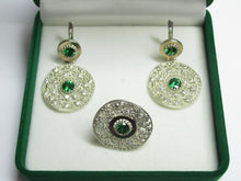 Load image into Gallery viewer, Close-up of Green Cubic Zirconia on Vintage 925 Silver Filigree Ring with Gold Accents
