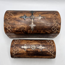 Load image into Gallery viewer, Vintage carved wood jewelry chest set with rustic inlay, decorative treasure boxes for jewelry storage by Fezba Market
