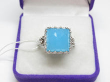 Load image into Gallery viewer, Vintage 925 Sterling Silver Blue Agate Cocktail Ring – Faceted Cushion-Shaped Stone &amp; Ornate Scrollwork, Size 7.25
