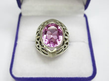 Load image into Gallery viewer, Vintage USSR 875 Silver Amethyst Statement Ring – Large Oval Pink Gemstone, Wide Filigree Band, Size 6.5
