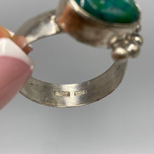 Load image into Gallery viewer, Antique Russian 84 silver ring with natural turquoise cabochon, size 13.5, featuring intricate silver detailing and bold statement style.
