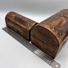 Load image into Gallery viewer, Vintage carved wood treasure chest jewelry box set with rustic inlay details, ideal for storage and display.
