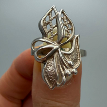 Load image into Gallery viewer, Vintage USSR 925 sterling silver filigree flower bow ring, size 7.25, featuring intricate handcrafted design and delicate floral details.
