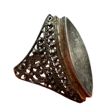 Load image into Gallery viewer, Vintage 925 sterling silver filigree marquise statement ring for women, size 7.25, with intricate design and elegant craftsmanship.
