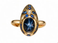 Load image into Gallery viewer, 14K 585 Gold Ring with 1.6ct Natural Blue Star Sapphire, Accent Sapphires and Diamond Size 7.25
