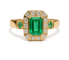 Load image into Gallery viewer, 14K 585 Yellow Gold Ring with 0.5ct Natural Emerald-Cut Emerald and Diamond Halo Size 7.75
