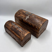 Load image into Gallery viewer, Hand Carved Rustic Wood Jewelry Box with Decorative Inlay Detail
