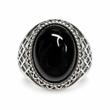 Load image into Gallery viewer, Vintage 925 sterling silver black agate statement ring featuring a large oval polished cabochon, decorative beaded border, and geometric latticework, size 10.25.
