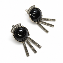 Load image into Gallery viewer, Vintage 925 sterling silver black agate dangle earrings featuring round polished cabochons, Art Deco-inspired curved accents, and three decorative tassel bars on each earring.
