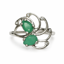 Load image into Gallery viewer, Vintage 925 sterling silver ring featuring two pear-shaped green agate stones, small clear CZ accents, and asymmetrical curved openwork design, US size 9.
