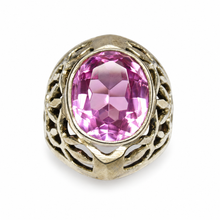 Load image into Gallery viewer, Vintage USSR 875 silver statement ring featuring a large oval faceted pink amethyst, bezel setting, and ornate openwork filigree band, size 6.5.
