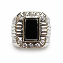 Load image into Gallery viewer, Vintage 925 sterling silver black agate men's signet ring featuring a rectangular black gemstone, clear CZ accent stones, geometric ribbed details, and wide band, US size 10.25.
