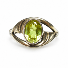 Load image into Gallery viewer, Vintage USSR 875 silver citrine ring with oval faceted yellow-green gemstone, sculptural curved silver details, and Retro Modernist openwork design, US size 6.
