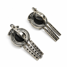 Load image into Gallery viewer, Back view of vintage sterling silver 925 black agate earrings showing lever-back clasps, silver hallmarks, open-back settings, and triple dangling bars.
