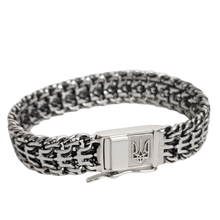 Load image into Gallery viewer, 925 Sterling Silver Ukrainian Tryzub Heavy Bracelet Blackened Byzantine Chain
