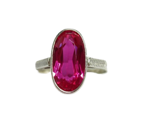 Load image into Gallery viewer, Side View of Vintage Soviet 875 Sterling Silver Oval Ruby Ring with Milgrain Shoulders
