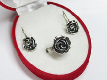 Load image into Gallery viewer, Pair of Matching Vintage 925 Sterling Silver Oxidized Rose Hook Earrings
