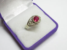 Load image into Gallery viewer, Profile View of Vintage Soviet Sterling Silver 875 Filigree Ruby Ring with Scroll Motifs
