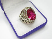 Load image into Gallery viewer, Side View of Vintage USSR 875 Silver Filigree Ruby Ring showing Openwork Lattice Design
