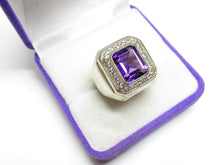 Load image into Gallery viewer, Vintage USSR 875 Silver Amethyst Signet Ring – Art Deco-Inspired Emerald Cut Halo, Size 7.75
